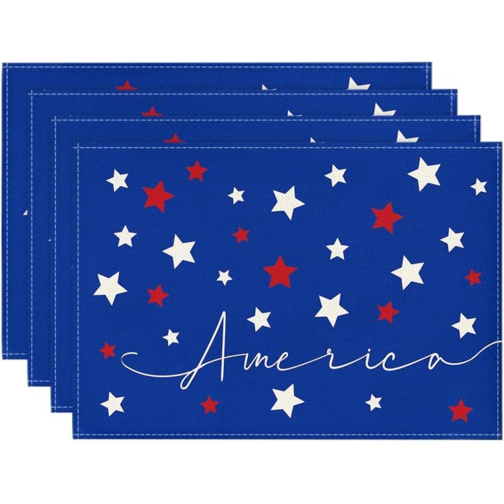 imageArtoid Mode Blue Red White Stars America 4th of July Patriotic Placemats for Dining Table 12 x 18 Inch Summer Memorial Day Seasonal Holiday Rustic Vintage Washable Table Mats Set of 4Blue