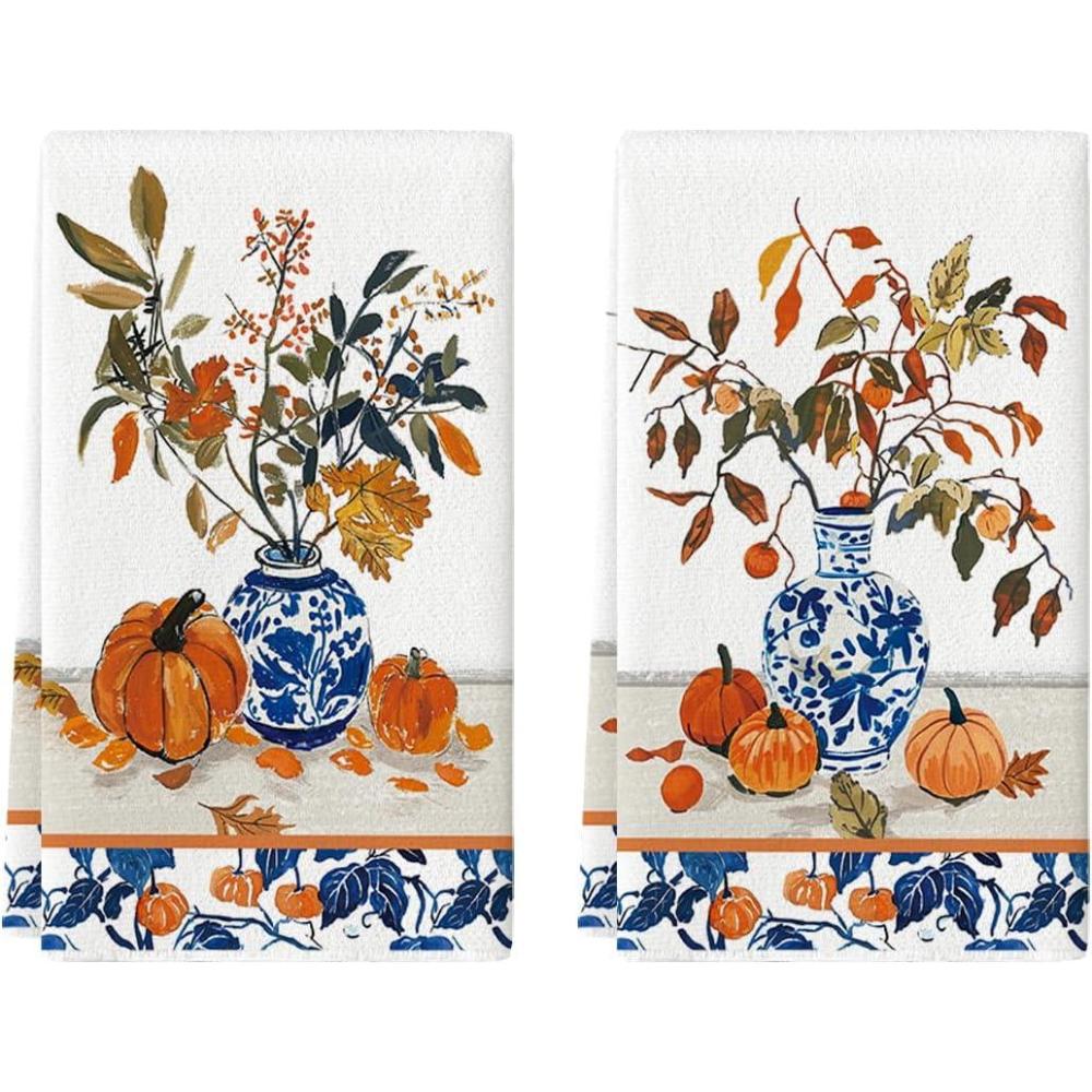 imageArtoid Mode Blue Vase Pumpkin Fall Kitchen Towels Dish Towels 18x26 Inch Farmhouse Leaves Autumn Decoration Hand Towels Set of 2