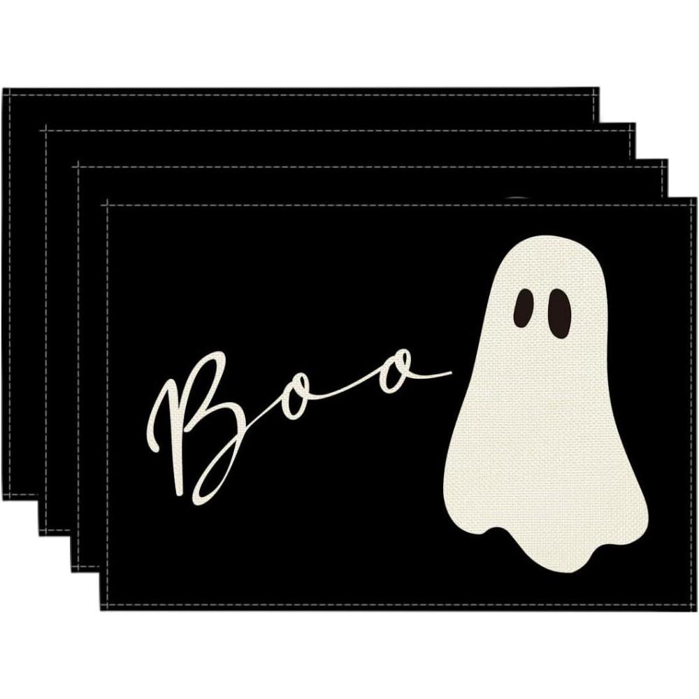 imageArtoid Mode Boo Ghost Halloween Placemats Set of 4 12x18 Inch Seasonal Black Holiday Table Mats for Party Kitchen Dining DecorationBlack