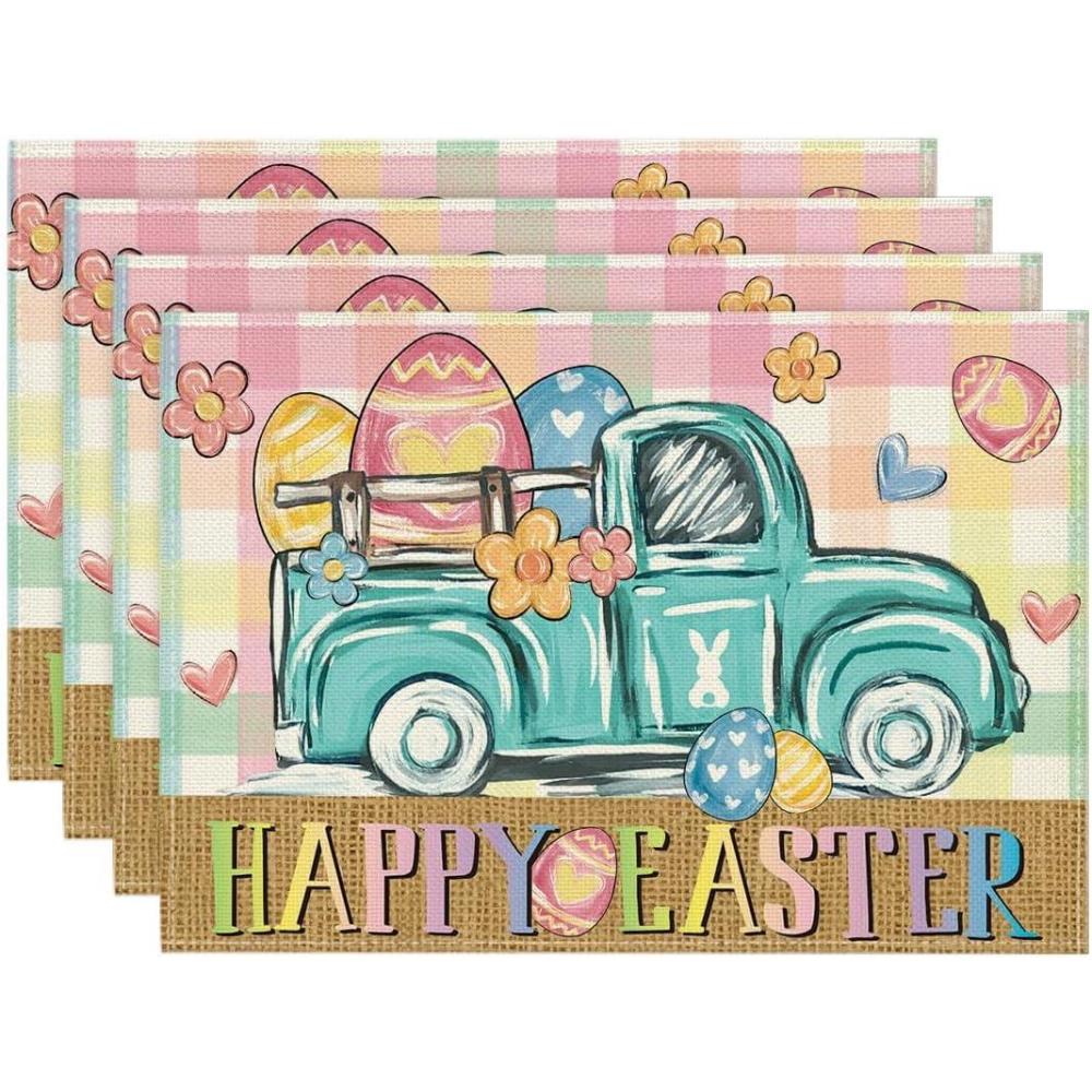 imageArtoid Mode Buffalo Plaid Carrot Egg Truck Daisy Happy Easter Placemats Set of 4 12x18 Inch Seasonal Table Mats for Party Kitchen Dining DecorationPink