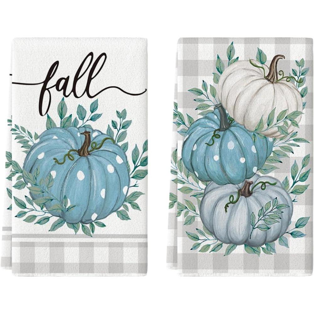imageArtoid Mode Buffalo Plaid Eucalyptus Leaves Pumpkin Fall Kitchen Towels Dish Towels 18x26 Inch Farmhouse Thanksgiving Decoration Hand Towels Set of 2AquaBeige