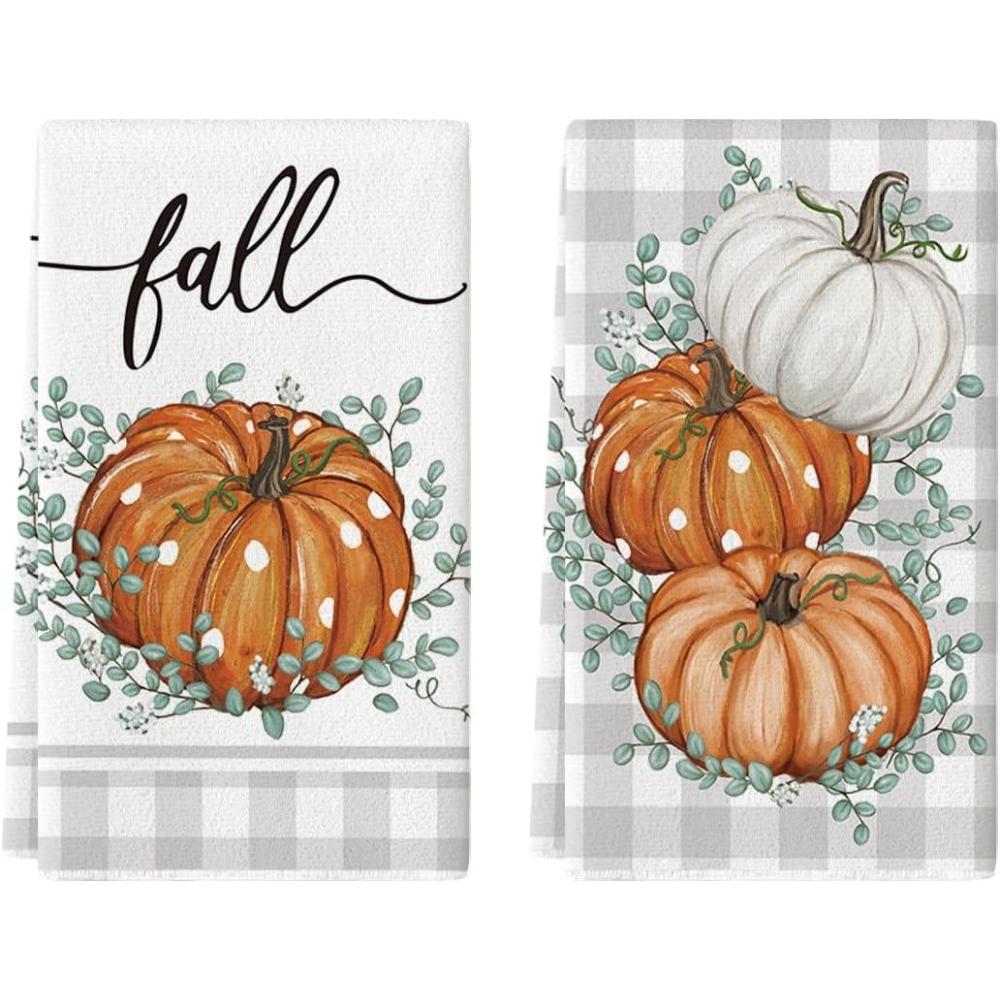 imageArtoid Mode Buffalo Plaid Eucalyptus Leaves Pumpkin Fall Kitchen Towels Dish Towels 18x26 Inch Farmhouse Thanksgiving Decoration Hand Towels Set of 2OrangeWhite