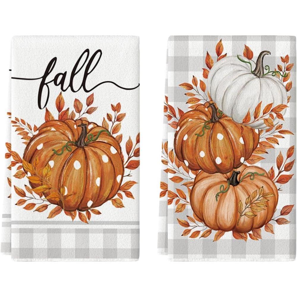 imageArtoid Mode Buffalo Plaid Eucalyptus Leaves Pumpkin Fall Kitchen Towels Dish Towels 18x26 Inch Farmhouse Thanksgiving Decoration Hand Towels Set of 2OrangeBeige