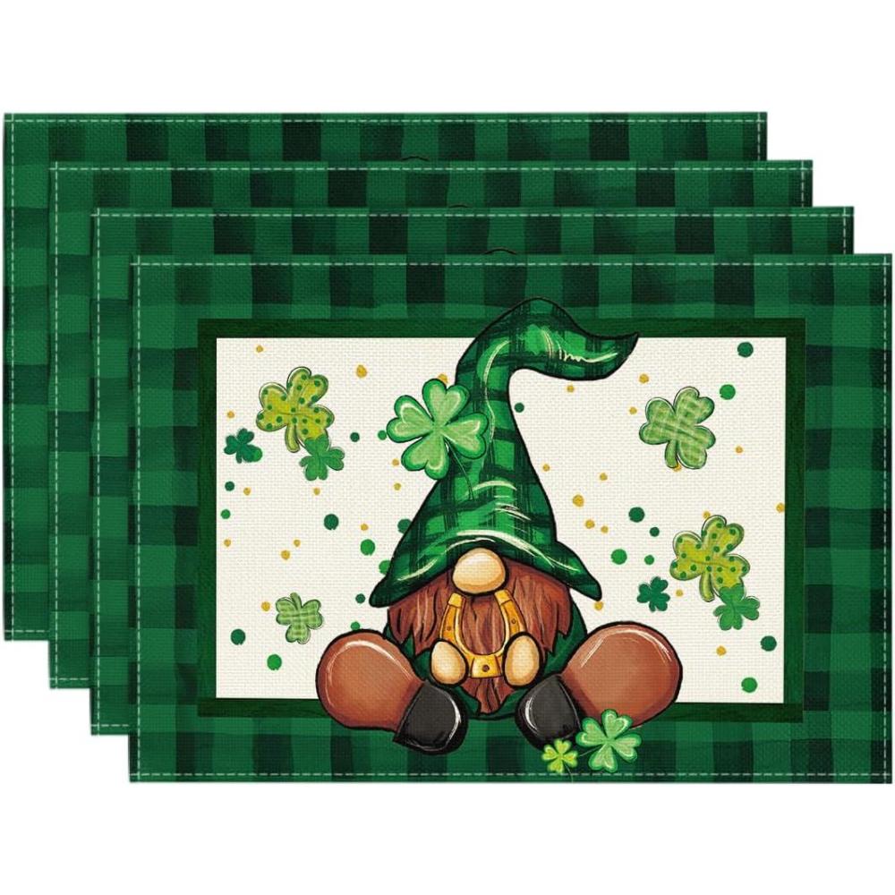 imageArtoid Mode Buffalo Plaid Gnome Shamrock St Patricks Day Placemats Set of 4 12x18 Inch Seasonal Spring Table Mats for Party Kitchen Dining DecorationBlackGreen
