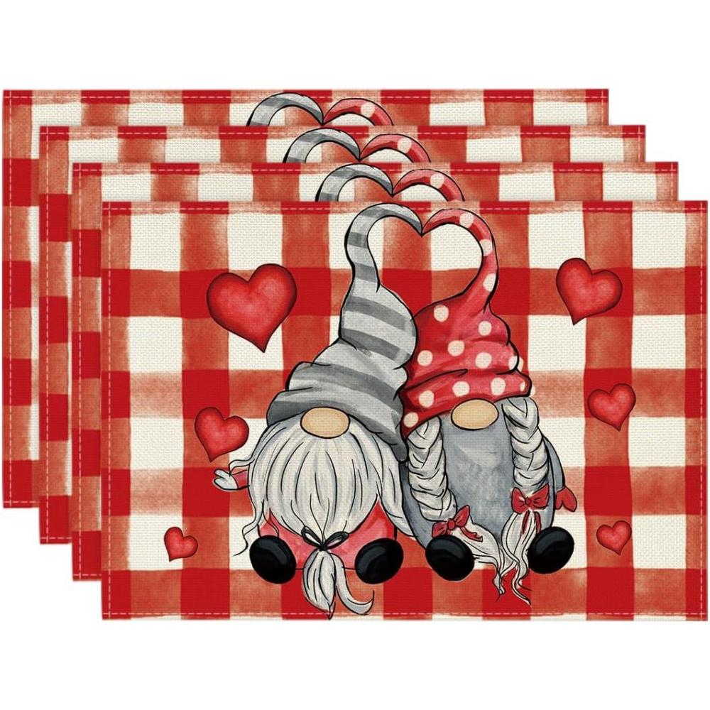 imageArtoid Mode Buffalo Plaid Hearts Gnomes Love Valentine Placemats Set of 4 12x18 Inch Anniversary Wedding Holiday Table Mats for Party Kitchen Dining DecorationRedWhite
