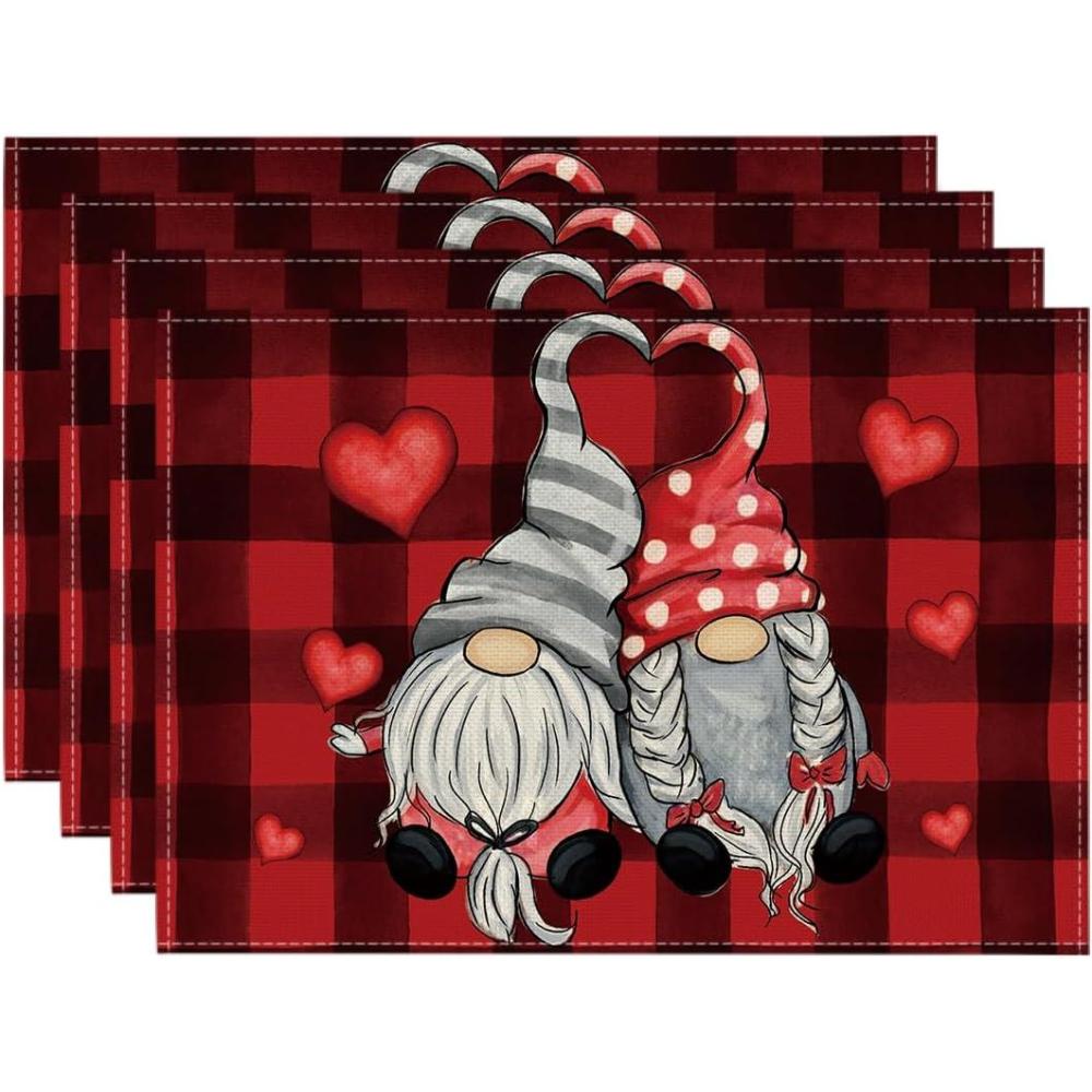 imageArtoid Mode Buffalo Plaid Hearts Gnomes Love Valentine Placemats Set of 4 12x18 Inch Anniversary Wedding Holiday Table Mats for Party Kitchen Dining DecorationRed  Black