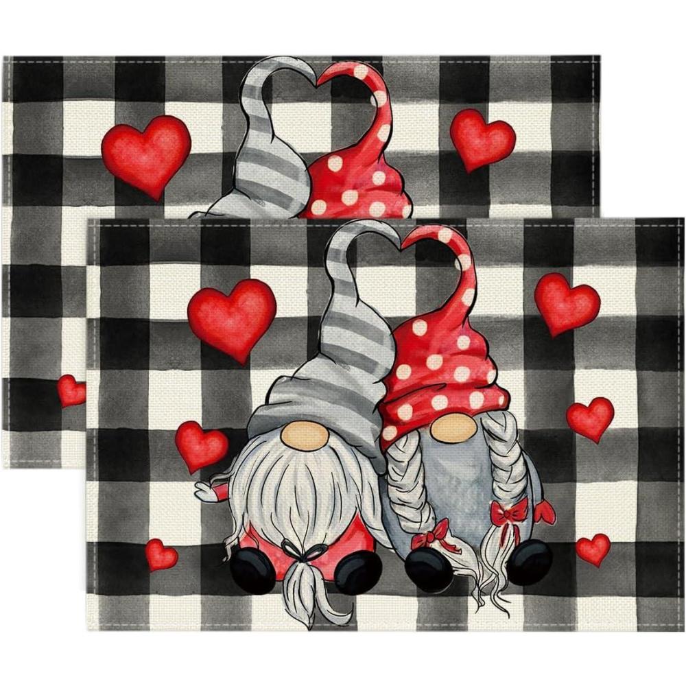 imageArtoid Mode Buffalo Plaid Hearts Gnomes Love Valentine Placemats Set of 4 12x18 Inch Anniversary Wedding Holiday Table Mats for Party Kitchen Dining DecorationBlackWhite