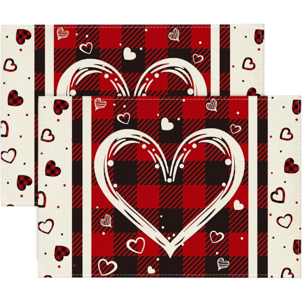 imageArtoid Mode Buffalo Plaid Love Hearts Round Mothers Day Placemats Set of 4 14 Inch Anniversary Wedding Round Table Mats for Dining DecorationRed