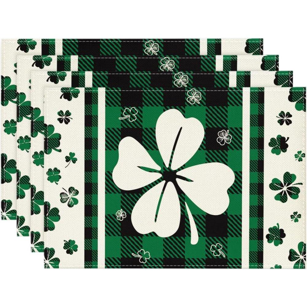 imageArtoid Mode Buffalo Plaid Shamrock St Patricks Day Placemats Set of 4 12x18 Inch Seasonal Holiday Table Mats for Party Kitchen Dining DecorationGreen