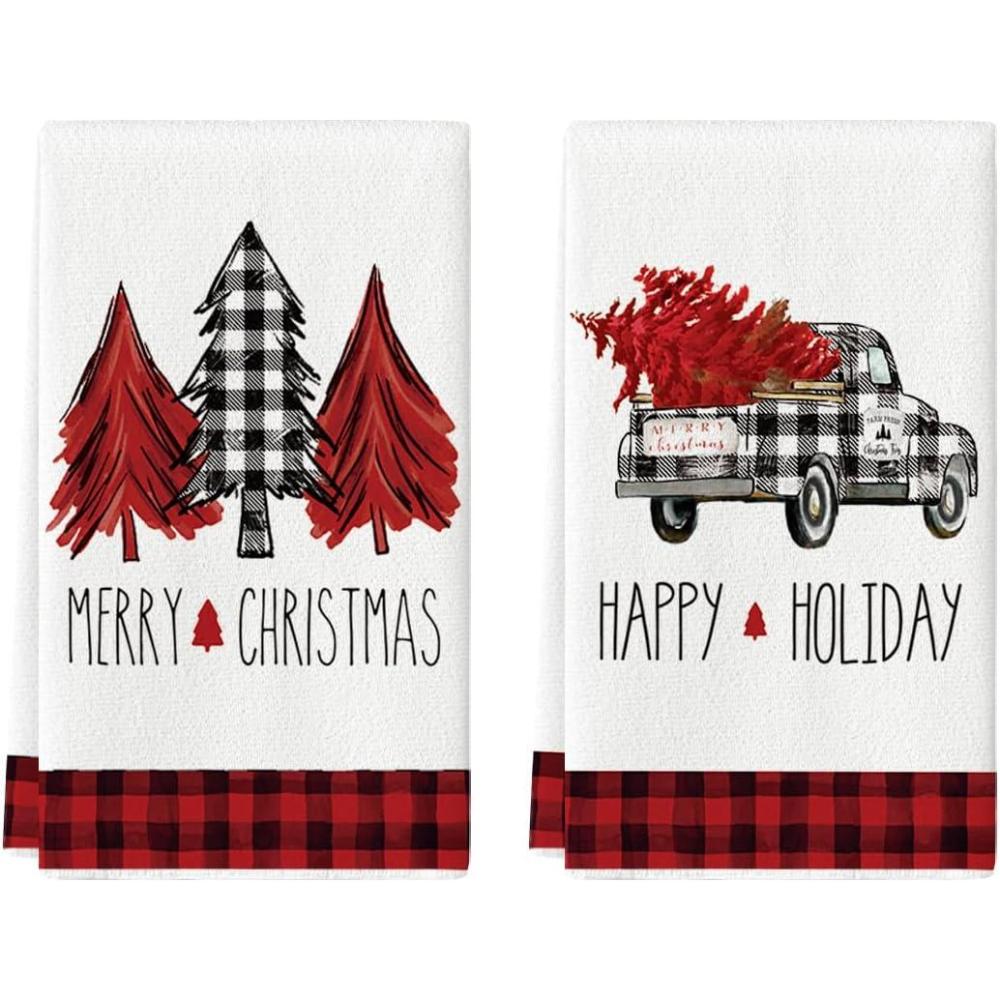 imageArtoid Mode Buffalo Plaid Truck Trees Kitchen Dish Towels Merry Christmas 18 x 26 Inch Winter Drying Cloth Tea Towels for Cooking Baking Set of 2RedBlack