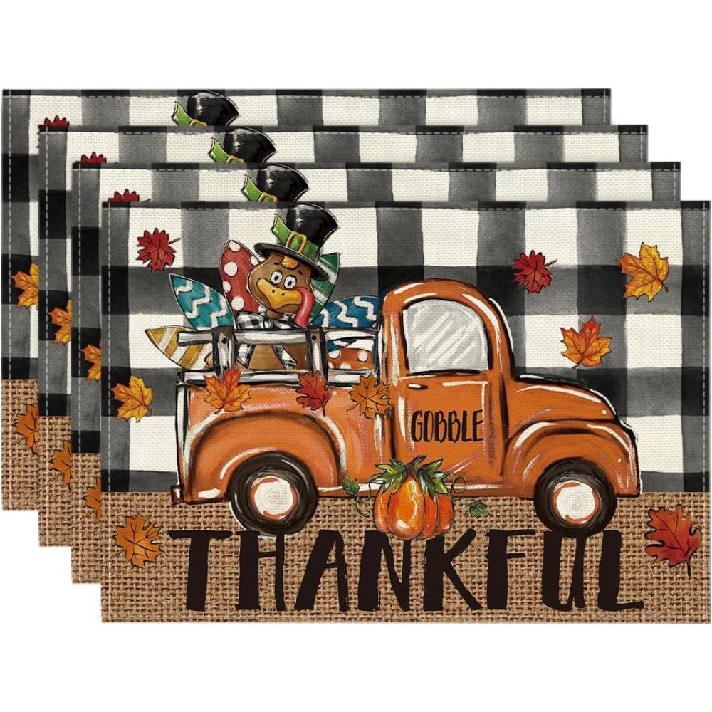 imageArtoid Mode Buffalo Plaid Truck Turkey Thankful Fall Placemats Set of 6 12x18 Inch Autumn Thanksgiving Table Mats for Party Kitchen Dining DecorationBlackBeige