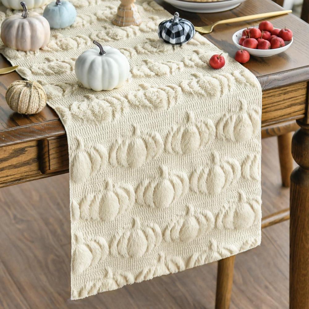 imageArtoid Mode Caramel Soft Plush Faux Fur Jacquard Pumpkins Fall Table Runner Seasonal Autumn Kitchen Dining Table Decoration for Home Party Decor 13x72 InchBeige