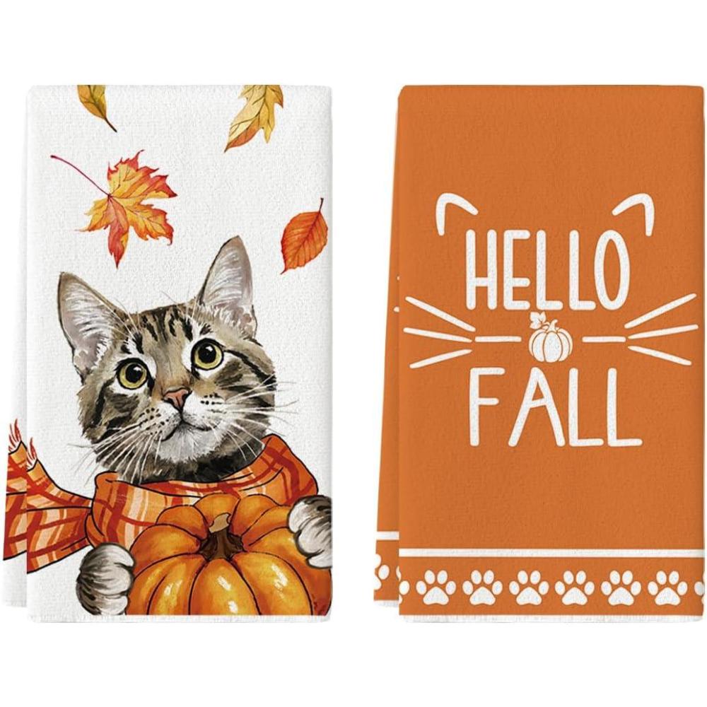 imageArtoid Mode Cat Pumpkin Hello Fall Kitchen Towels Dish Towels 18x26 Inch Farmhouse Thanksgiving Scarf Maple Leaves Decoration Hand Towels Set of 2