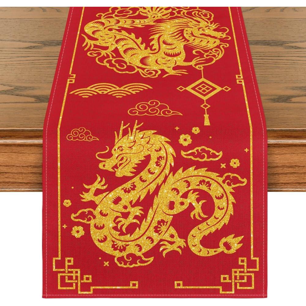 imageArtoid Mode Chinese Zodiac Dragon 2025 Happy New Year Table Runner Spring Festival Winter Kitchen Dining Table Decoration for Home Party 13x72 InchRed