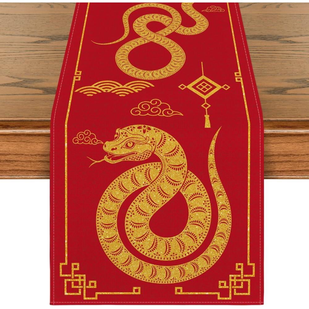 imageArtoid Mode Chinese Zodiac Snake 2025 Happy Lunar New Year Table Runner Spring Festival Winter Kitchen Dining Table Decoration for Home Party 13x60 InchRed