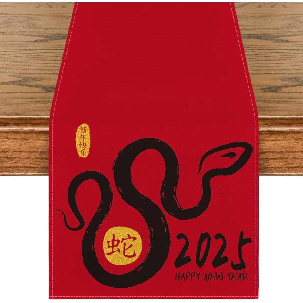 imageArtoid Mode Chinese Zodiac Snake Happy 2025 Chinese New Year Table Runner Spring Festival Kitchen Dining Table Decoration for Home Party 13x72 Inch