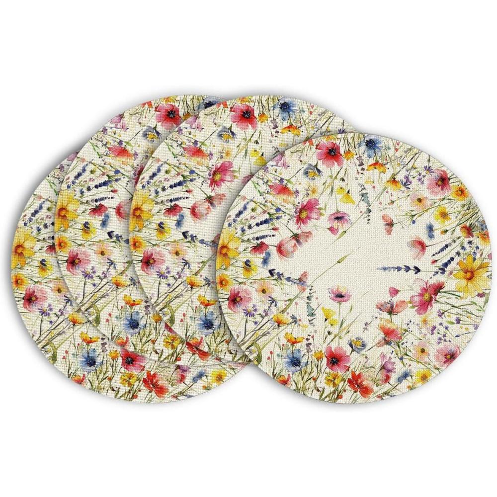 imageArtoid Mode Daisy Lavender Floral Leaves Spring Round Placemats Set of 414 Inch Seasonal Spring Table Mats for Party Kitchen Dining DecorationBeige