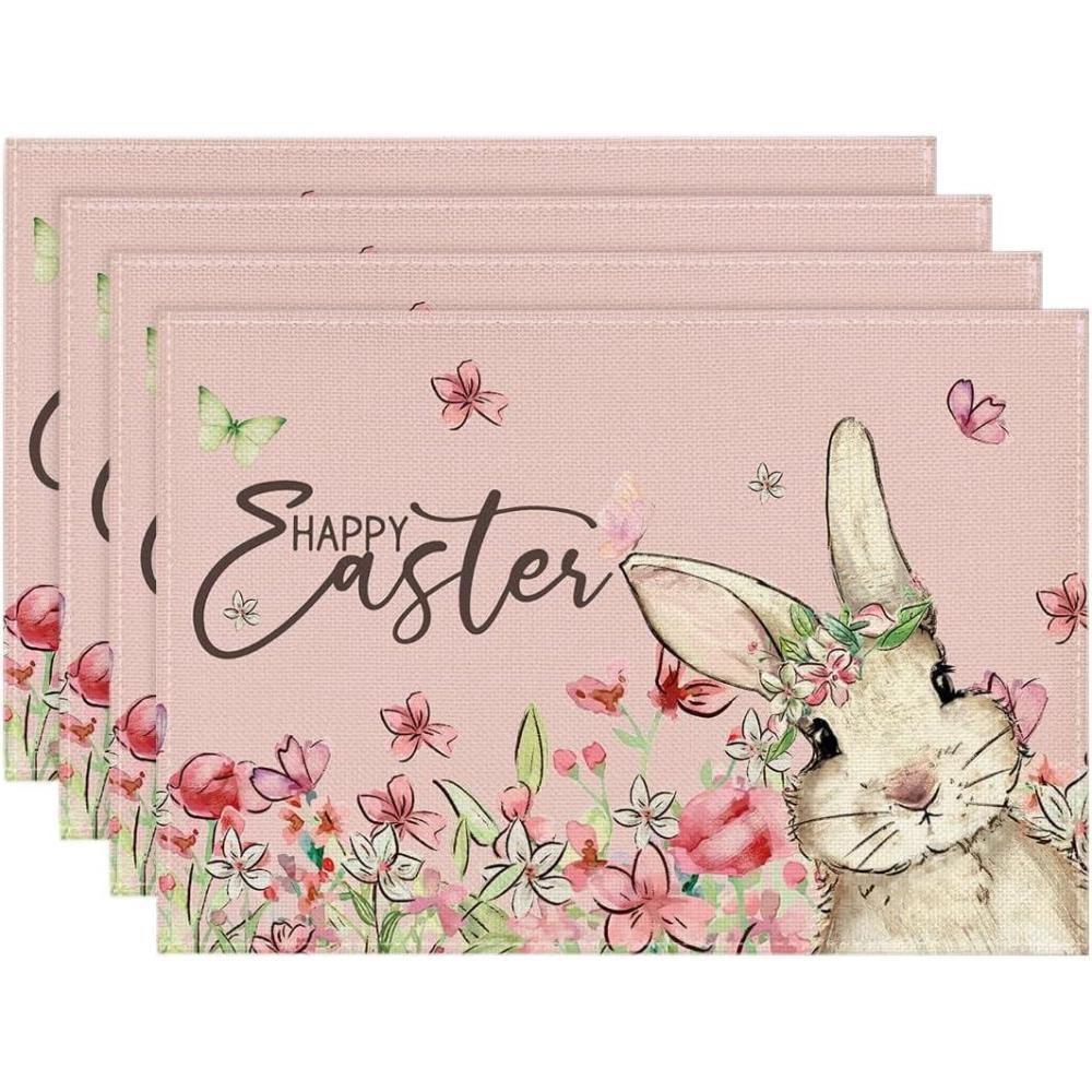 imageArtoid Mode Easter Round Placemats Set of 4 14 Inch Bunnys Flowers Spring Farmhouse Round Table Mats for Easter Party Dining DecorationPink