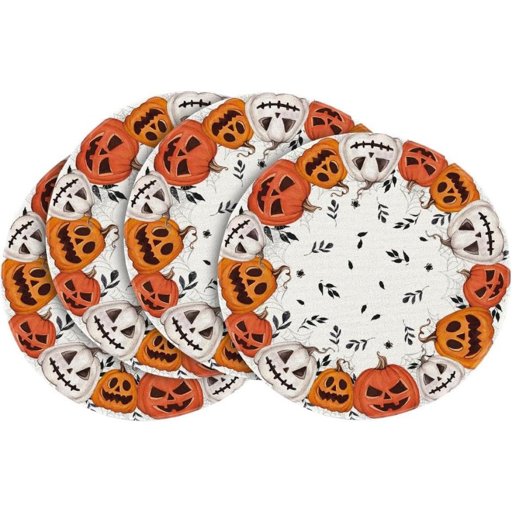 imageArtoid Mode Ghost Pumpkin Halloween Round Placemats Set of 4 14 Inch Spooky Beige Table Mats for Party Kitchen DiningBeigeOrange