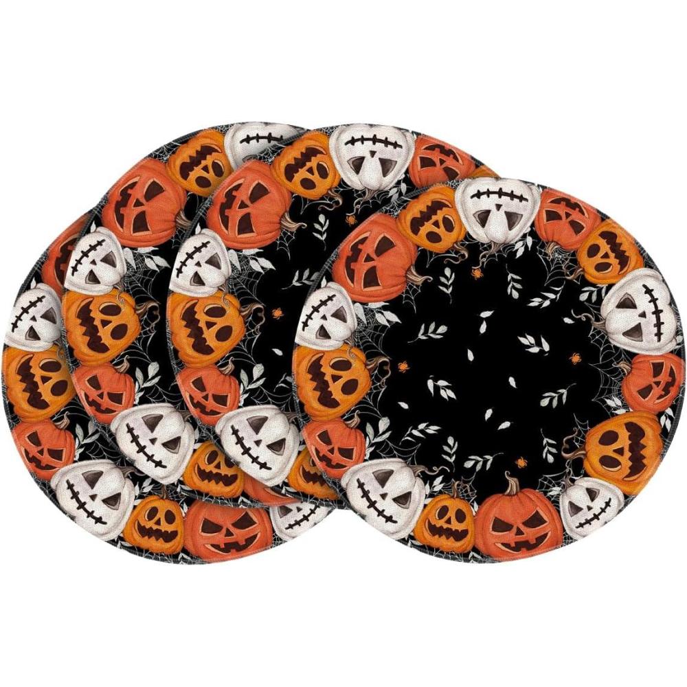 imageArtoid Mode Ghost Pumpkin Halloween Round Placemats Set of 4 14 Inch Spooky Beige Table Mats for Party Kitchen DiningBlackOrange