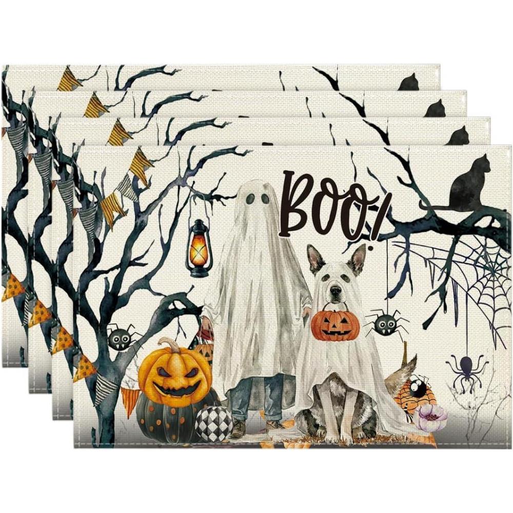 imageArtoid Mode Ghost Pumpkins Halloween Round Placemats Set of 4 14 Inch Spider Dog Table Mats for Party Kitchen DiningBlackBeige