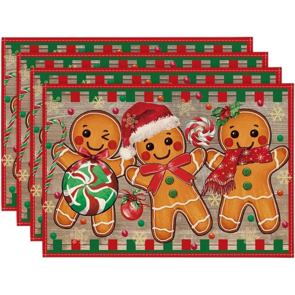 imageArtoid Mode Green Gingerbread Candy Cane Christmas Round Placemats Set of 4 14 Inch Winter Round Table Mats for Dining DecorationWoodRed