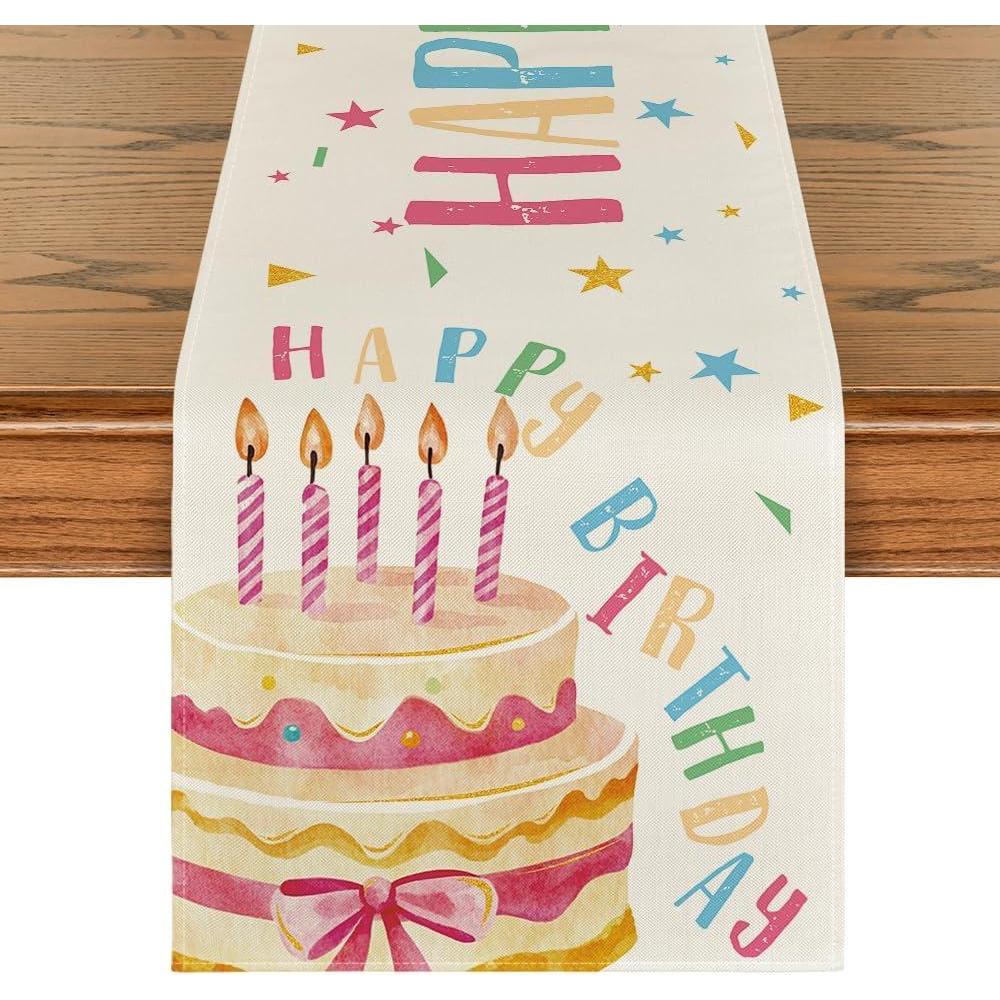 imageArtoid Mode Happy Birthday Cake Table Runner Candle Bowknot Kitchen Dining Table Decoration for Home Party Decor 13x72 InchBeige