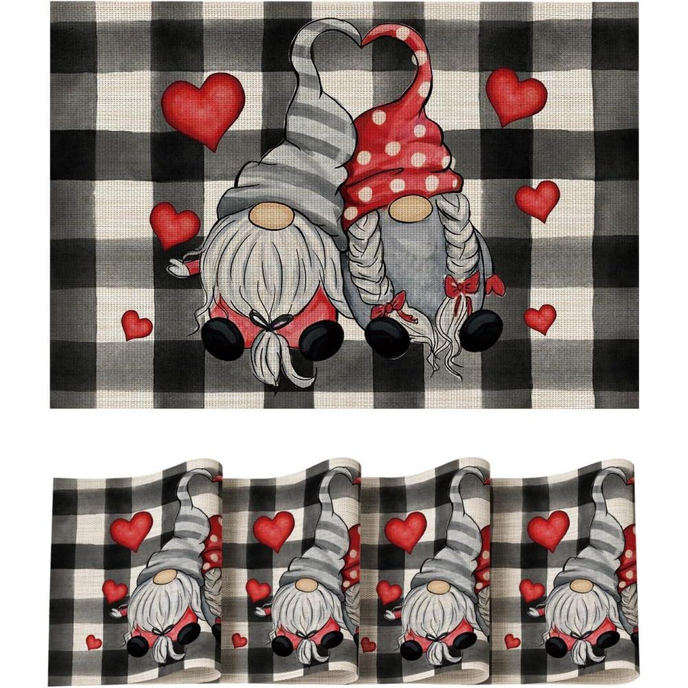imageArtoid Mode Hearts Gnomes Vinyl Valentines Day Placemats Set of 4 12x18 Inch Wipeable NonSlip PVC Place Mats for Party Kitchen Dining DecorBlackBeige