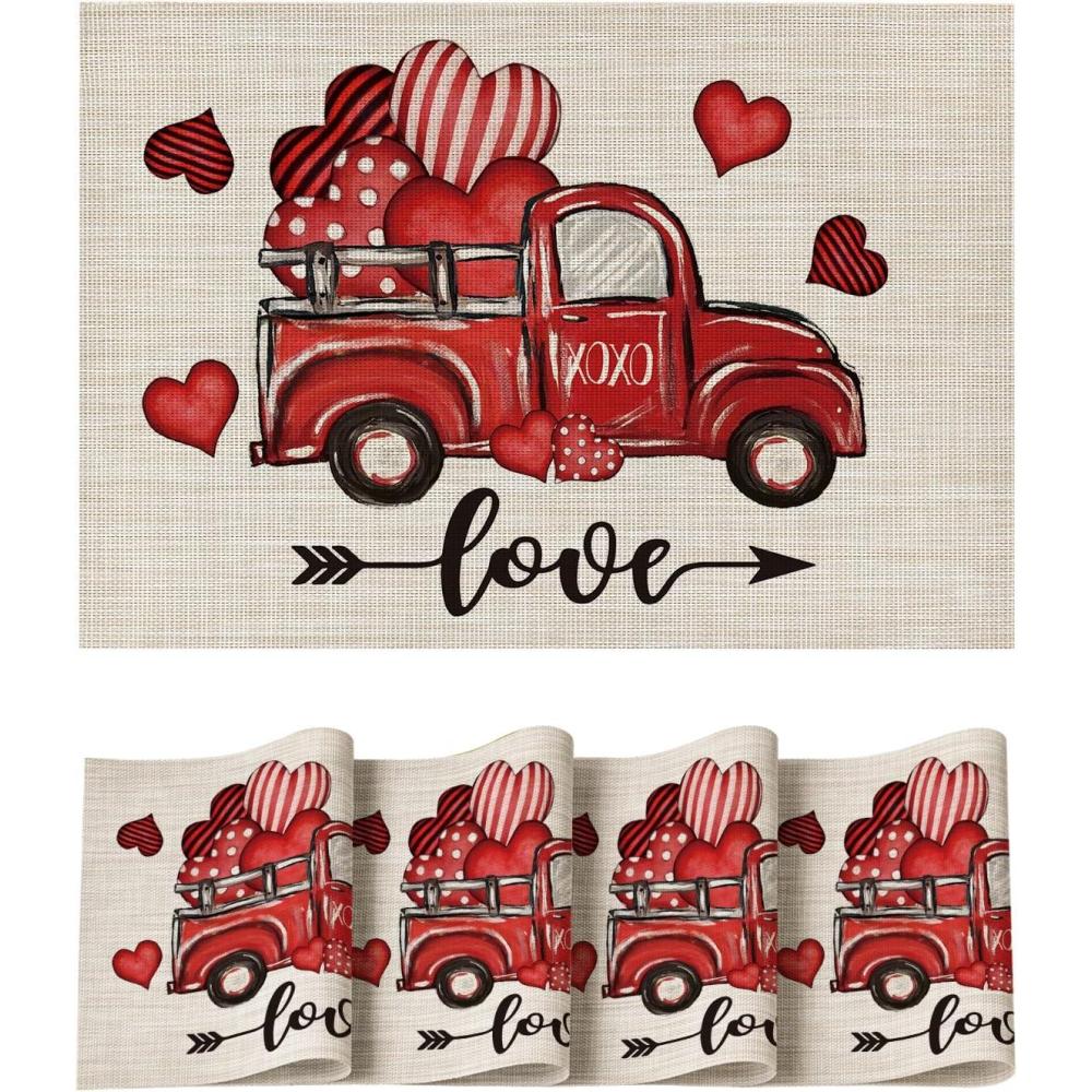 imageArtoid Mode Hearts Truck Vinyl Valentines Day Placemats Set of 4 12x18 Inch Wipeable NonSlip PVC Place Mats for Party Kitchen Dining Decor