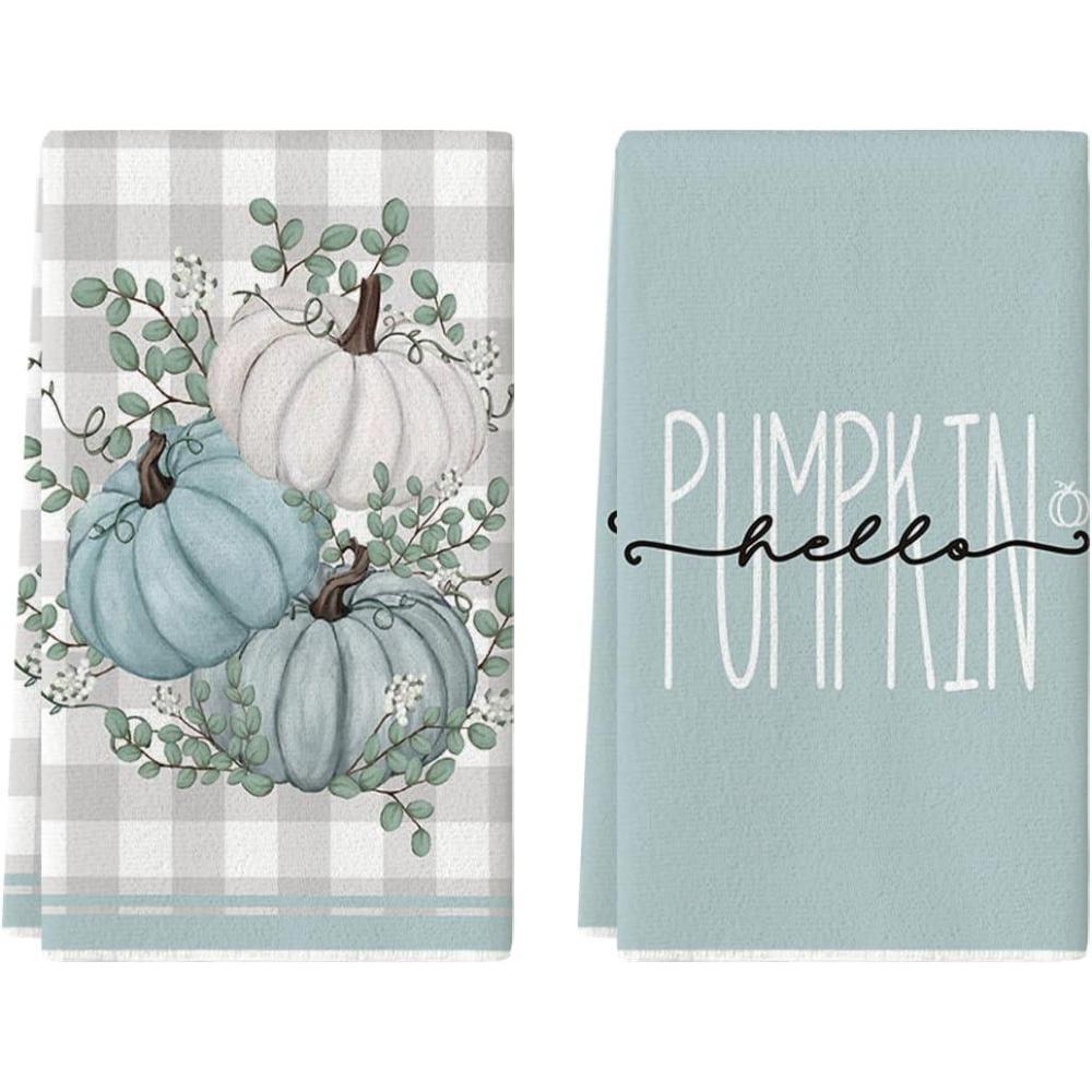 imageArtoid Mode Hello Pumpkin Eucalyptus Leaves Fall Kitchen Towels Dish Towels 18x26 Inch Autumn Thanksgiving Harvest Tea Hand Towel Set of 2Blue