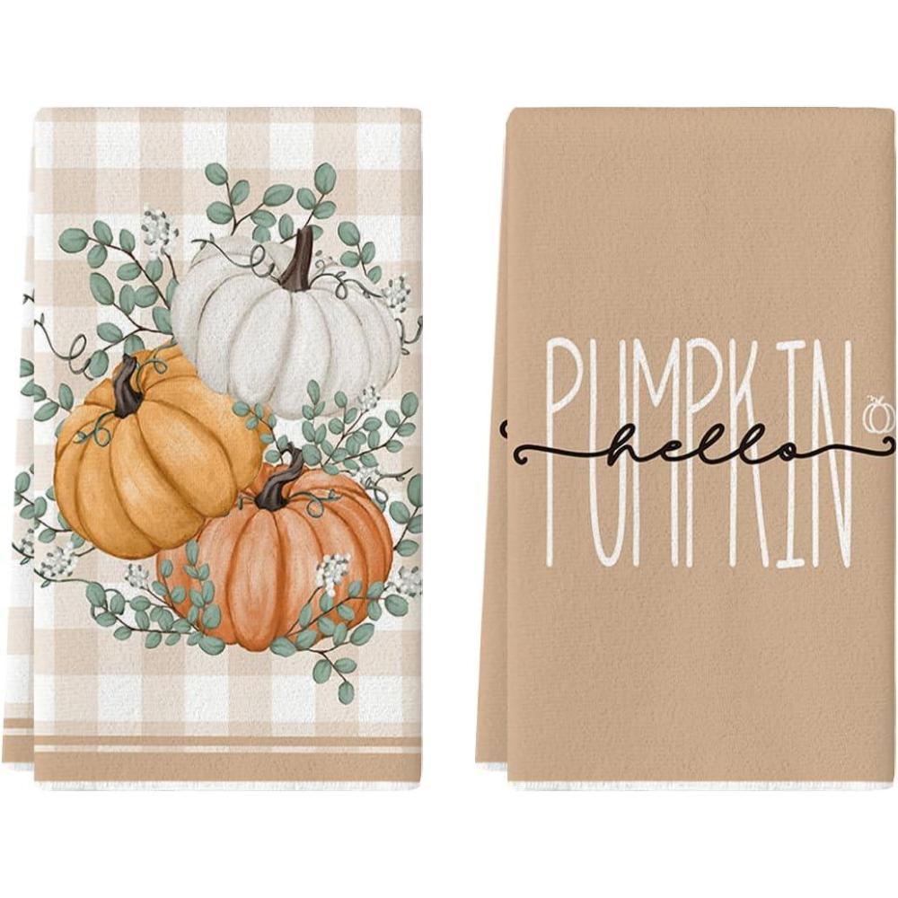 imageArtoid Mode Hello Pumpkin Eucalyptus Leaves Fall Kitchen Towels Dish Towels 18x26 Inch Autumn Thanksgiving Harvest Tea Hand Towel Set of 2Orange