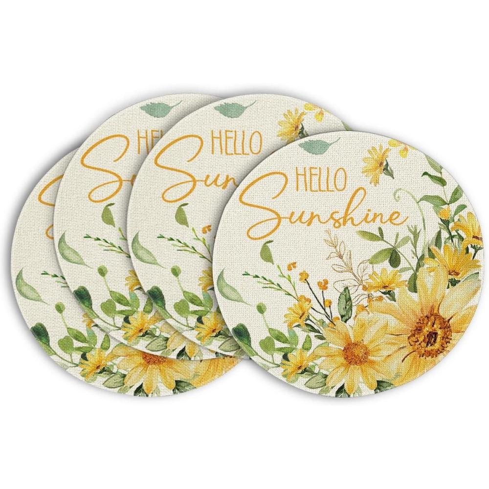 imageArtoid Mode Hello Sunshine Sunflower Round Summer Placemats Set of 4 14 Inch Spring Round Table Mats for Dining DecorationBeige