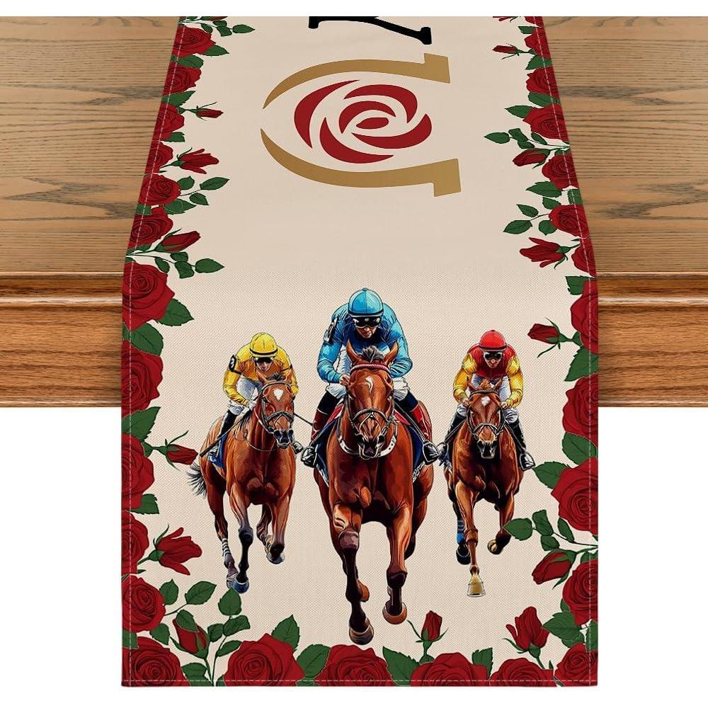 imageArtoid Mode Horse Race Run for The Roses Kentucky Table Runner Sports Festival Kitchen Dining Table Decoration for Home Party Decor 13x72 InchRed