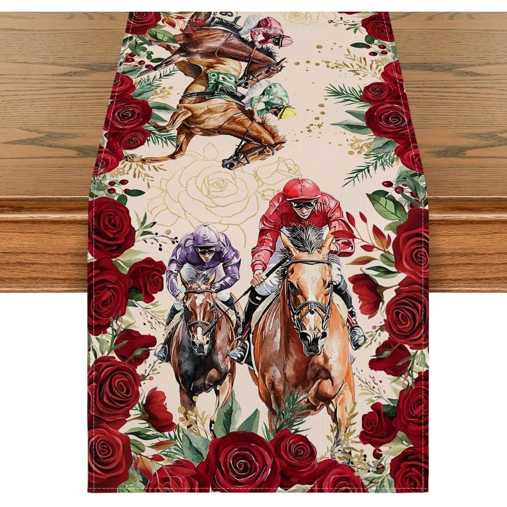 imageArtoid Mode Horse Racing Roses Kentucky Table Runner Festival Sports Holiday Kitchen Dining Table Decoration for Home Party Decor 13x72 InchRed