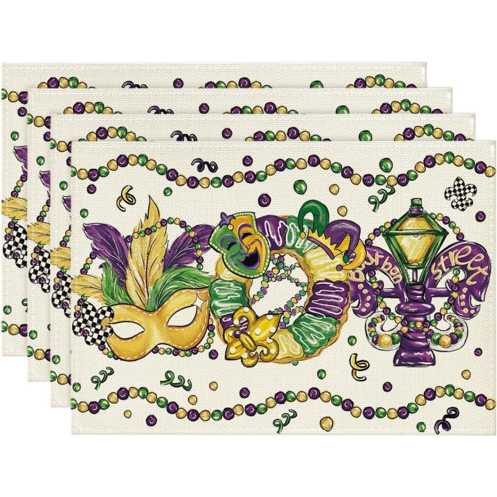 imageArtoid Mode Irises Beads Mask Doughnut Mardi Gras Placemats Set of 4 12x18 Inch Seasonal Carnival Table Mats for Party Kitchen Dining Decoration