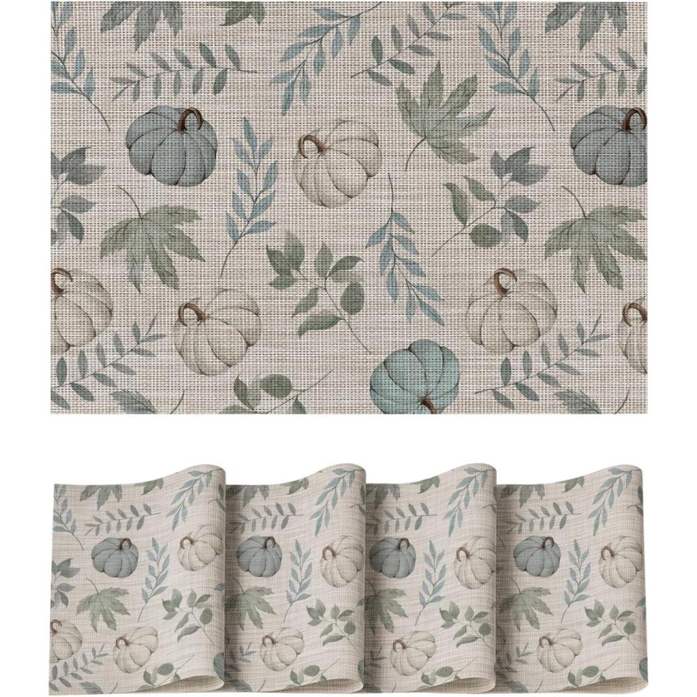 imageArtoid Mode Leaves Blue Pumpkin Fall Vinyl Placemats Set of 4 Wipeable Woven PVC Table Mats for Thanksgiving Holiday Party Kitchen Dining DecorBlue