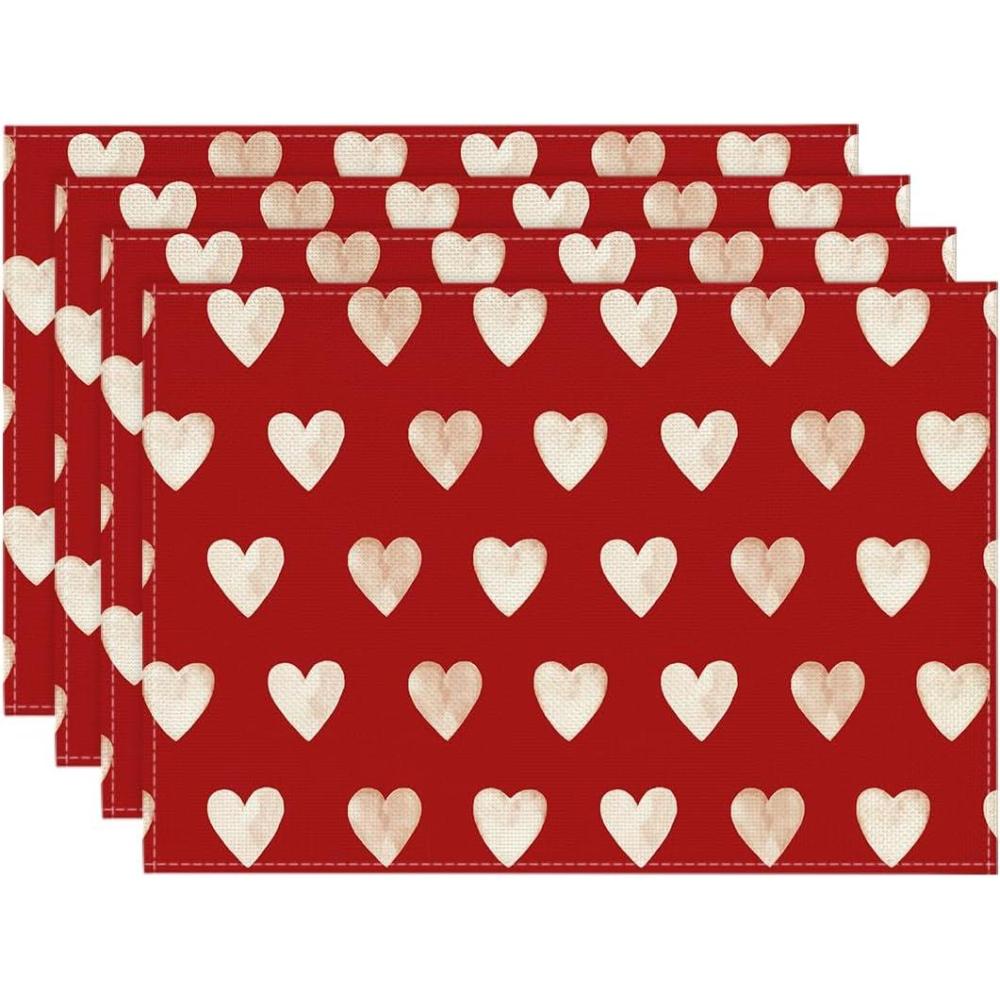 imageArtoid Mode Love Heart Red Valentine Placemats Set of 4 12x18 Inch Seasonal Holiday Winter Table Mats for Party Kitchen Dining DecorationDeep Red