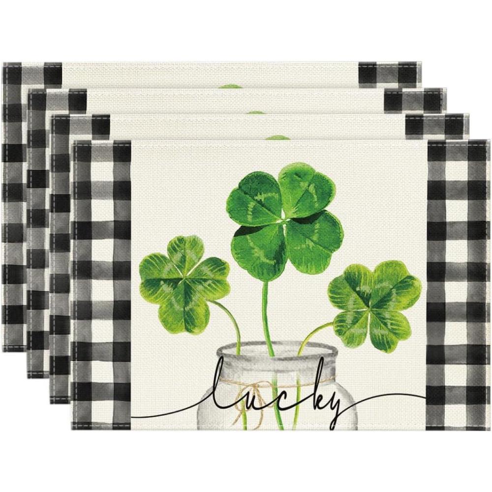 imageArtoid Mode Lucky Shamrock Vase St Patricks Day Placemats Set of 4 Holiday 12x18 Inch Table Mats for Party Kitchen Dining DecorationBeige