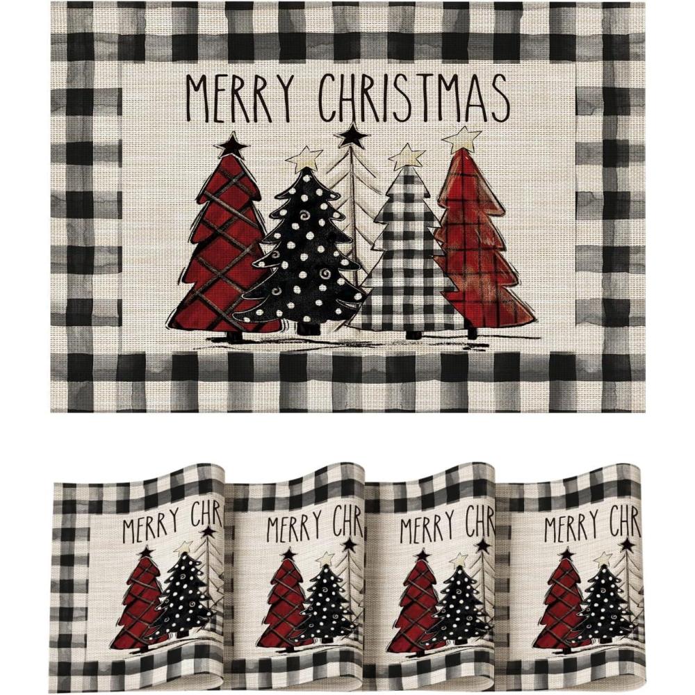 imageArtoid Mode Merry Christmas Trees Vinyl Placemats Set of 4 12x18 Inch Red Buffalo Plaid Washable Heat Resistant Plastic Woven Table Mats for Party Dining DecorBlack