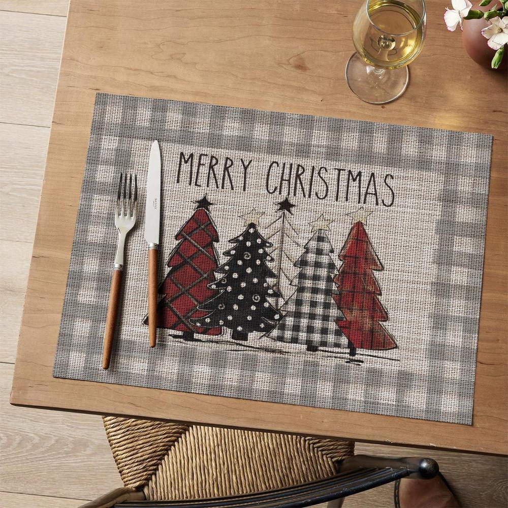 imageArtoid Mode Merry Christmas Trees Vinyl Placemats Set of 4 12x18 Inch Red Buffalo Plaid Washable Heat Resistant Plastic Woven Table Mats for Party Dining DecorGray