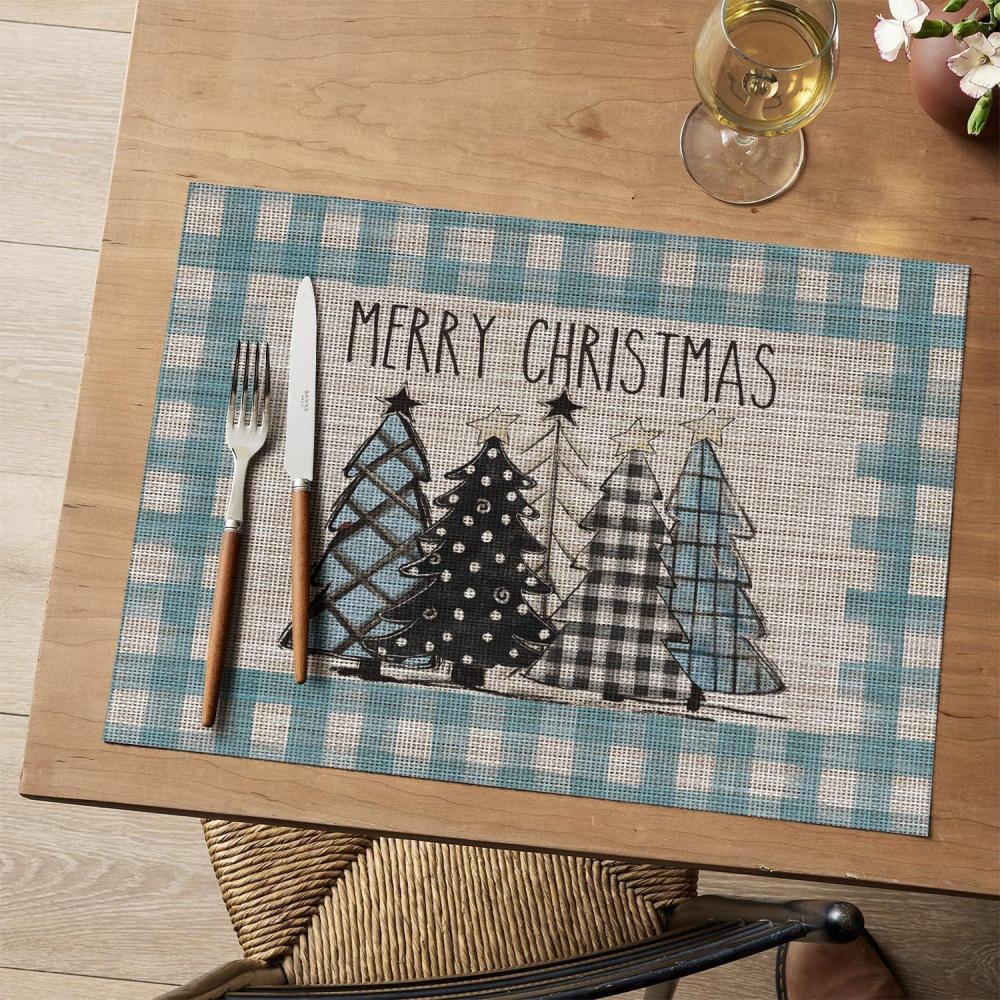 imageArtoid Mode Merry Christmas Trees Vinyl Placemats Set of 4 12x18 Inch Red Buffalo Plaid Washable Heat Resistant Plastic Woven Table Mats for Party Dining DecorBlue