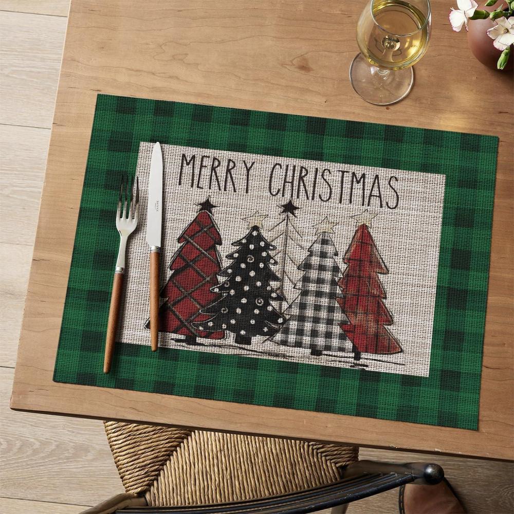imageArtoid Mode Merry Christmas Trees Vinyl Placemats Set of 4 12x18 Inch Red Buffalo Plaid Washable Heat Resistant Plastic Woven Table Mats for Party Dining DecorGreen