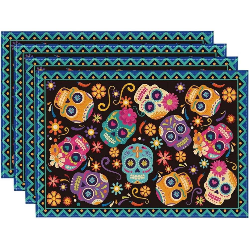 imageArtoid Mode Mexican Marigolds Skull Da de Los Muertos Placemats Set of 4 12x18 Inch Day of The Dead Halloween Table Mats for Party Kitchen Dining DecorationOrangeBlue