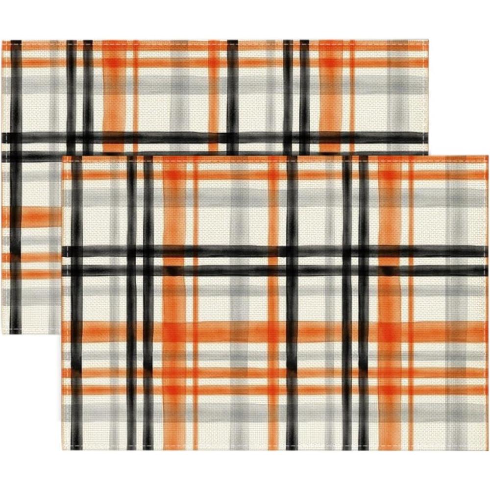 imageArtoid Mode Orange Black Buffalo Plaid Fall Placemats Set of 6 12x18 Inch Halloween Seasonal Table Mats for Party Kitchen Dining DecorationOrangeBlack