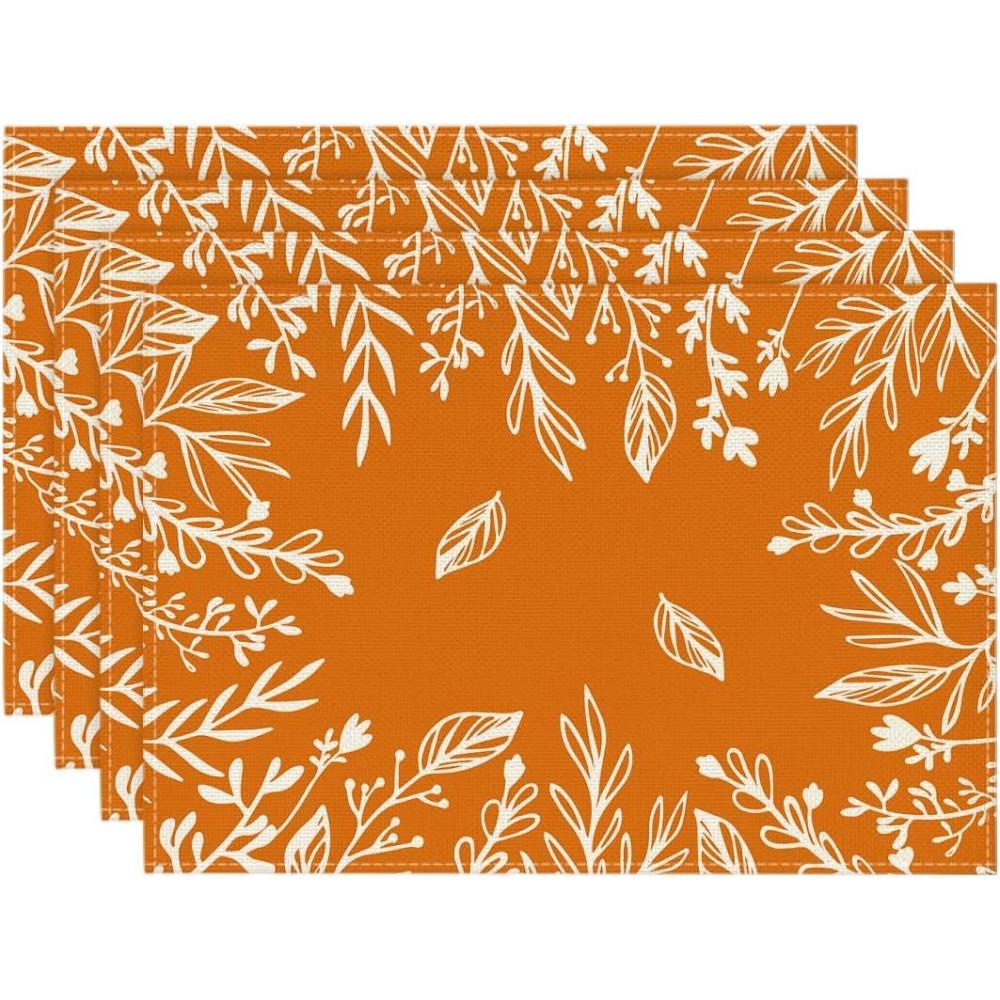 imageArtoid Mode Orange Eucalyptus Leaves Round Fall Placemats Set of 4 14 Inch Seasonal Autumn Thanksgiving Round Table Mats for Dining DecorationOrangeWhite