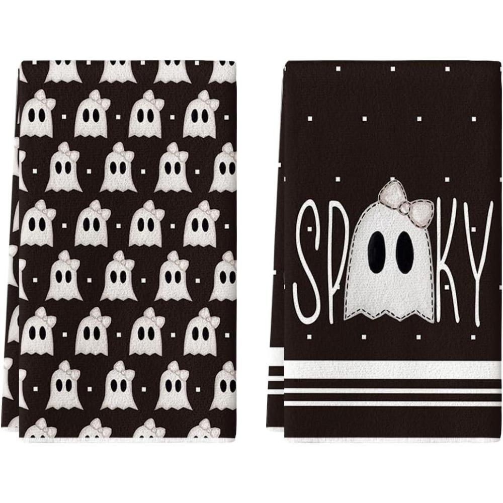 imageArtoid Mode Orange Ghost Spooky Halloween Kitchen Towels Dish Towels 18x26 Inch Bow Knot Decoration Hand Towels Set of 2Black