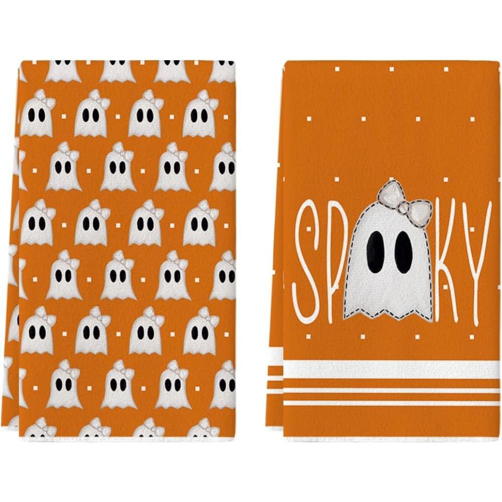 imageArtoid Mode Orange Ghost Spooky Halloween Kitchen Towels Dish Towels 18x26 Inch Bow Knot Decoration Hand Towels Set of 2Orange