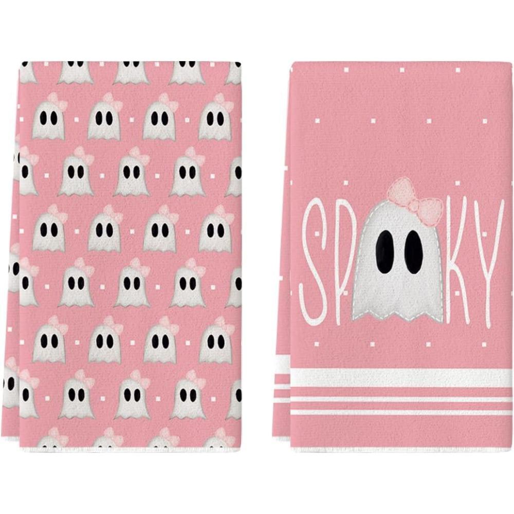 imageArtoid Mode Orange Ghost Spooky Halloween Kitchen Towels Dish Towels 18x26 Inch Bow Knot Decoration Hand Towels Set of 2Pink