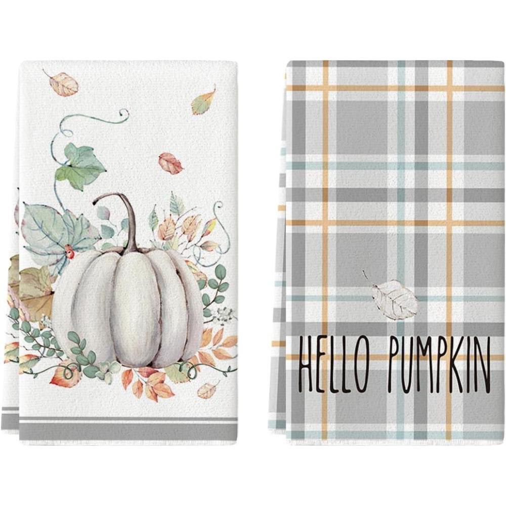 imageArtoid Mode Orange Hello Pumpkin Fall Kitchen Towels Dish Towels 18x26 Inch Watercolor Stripes Leaves Decoration Hand Towels Set of 2Grey