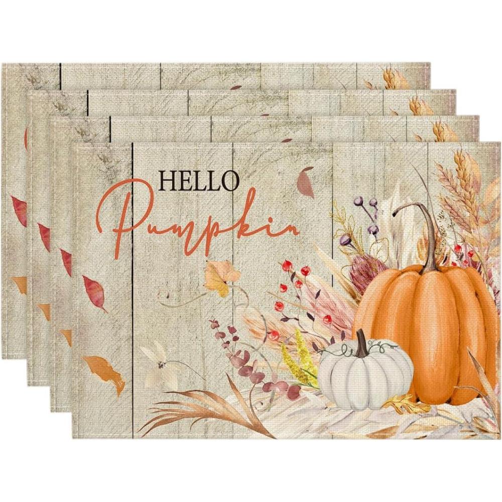 imageArtoid Mode Orange Hello Pumpkin Leaves Fall Placemats Set of 4 12x18 Inch Autumn Thanksgiving Harvest Watercolor Table Mats for Dining Party DecorationWood